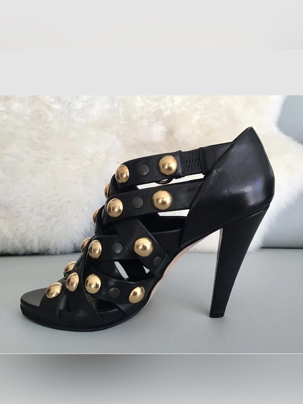 GUCCI Black Leather High Heel Gladiator Sandals with Gold Studs VTG NWB
